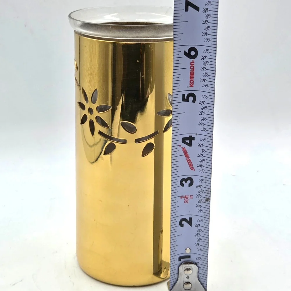 VINTAGE Gold Metal Votive Candle Holder Cut Out Floral & Vines with Glass Liner